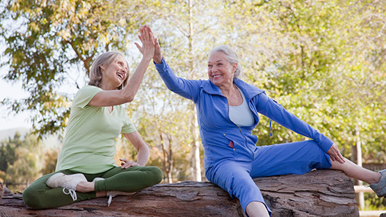 Two women share a high five on a log